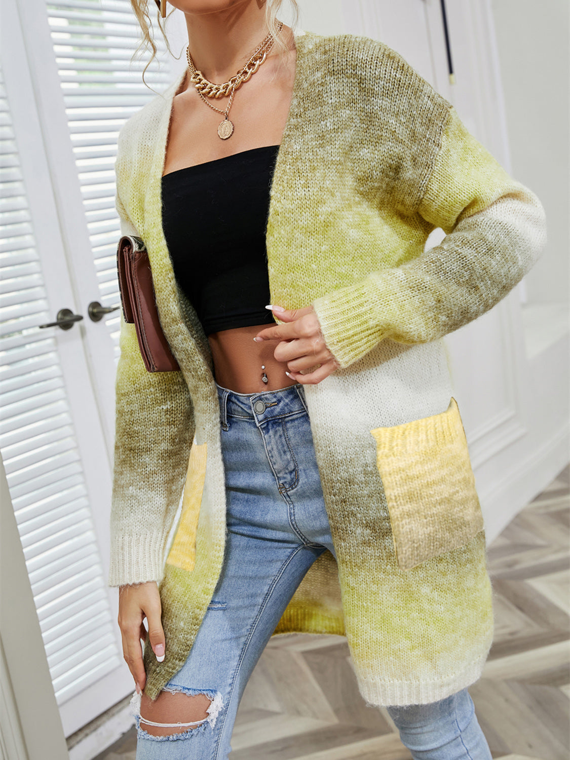Angel Wings Gradient Striped Pocketed Open Front Cardigan