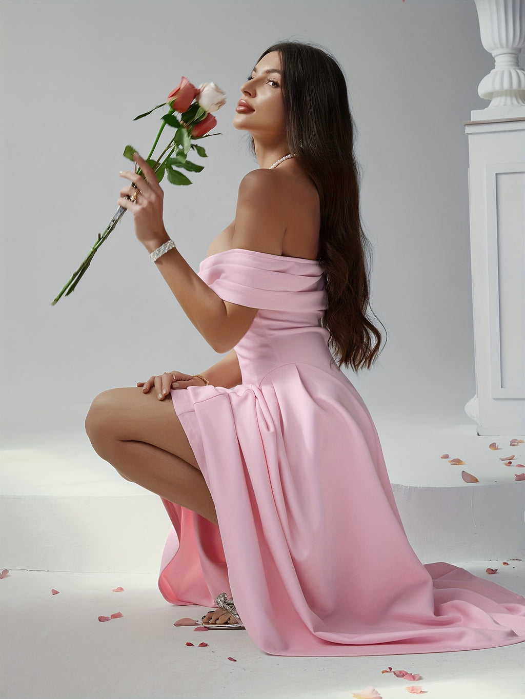 Elegant Pure Color High Waist Off Shoulder Midi Dress