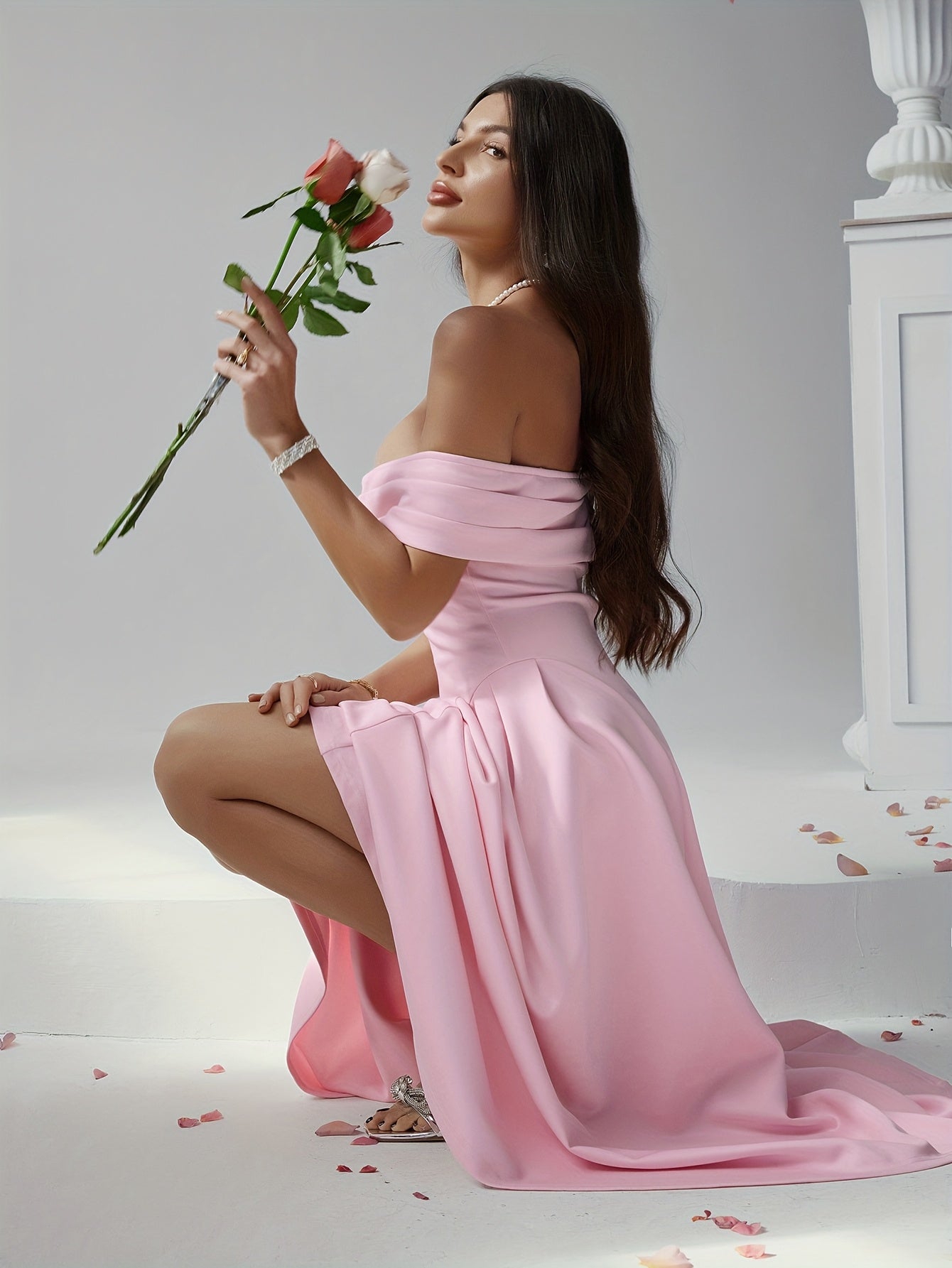 Elegant Pure Color High Waist Off Shoulder Midi Dress