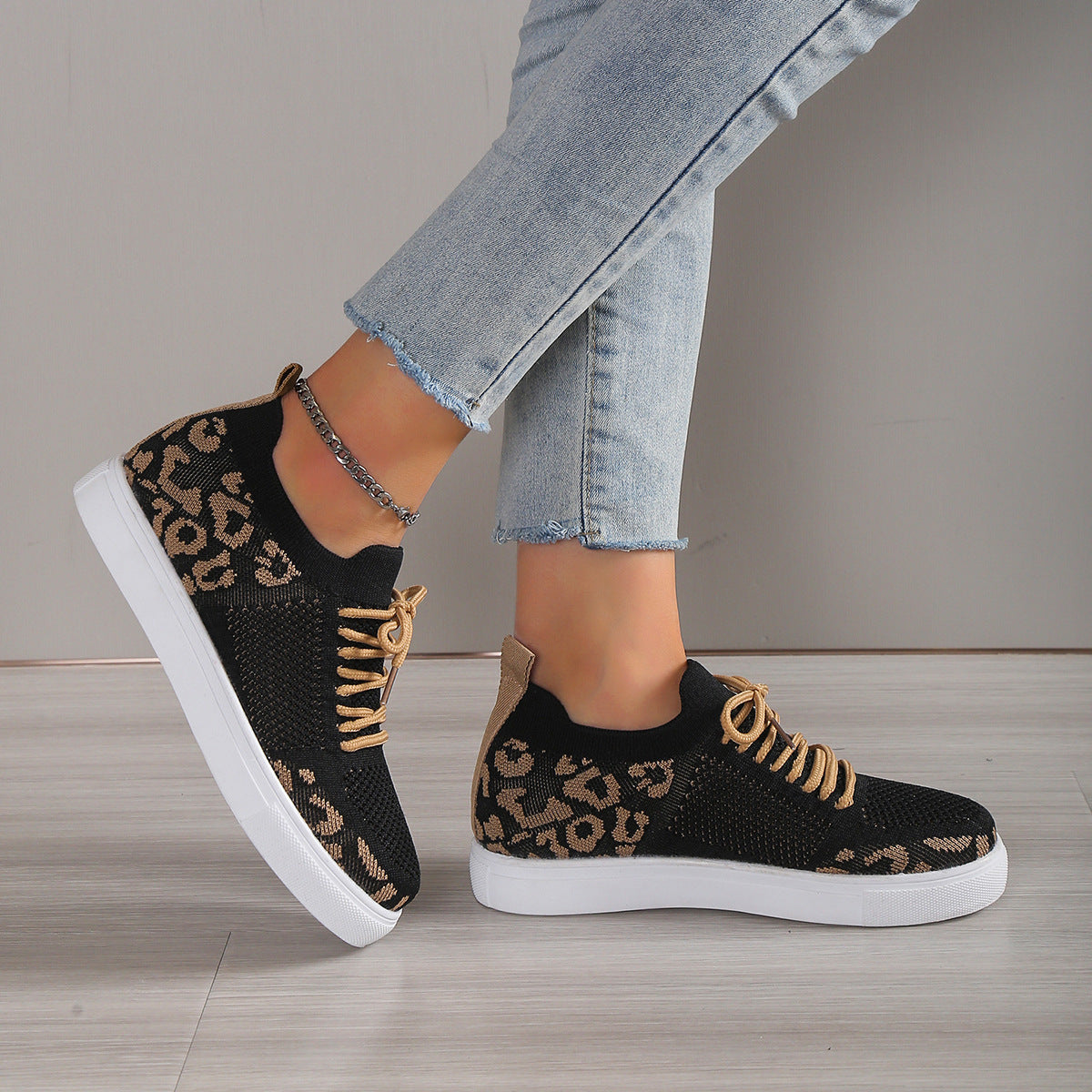 Leopard Flat Lace Up Sneakers