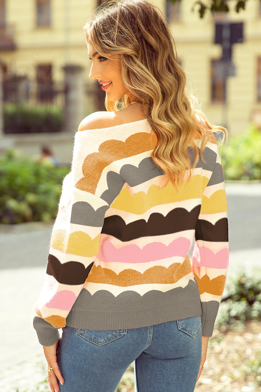 Yellow Wave Striped Balloon Sleeve Drop Shoulder Sweater