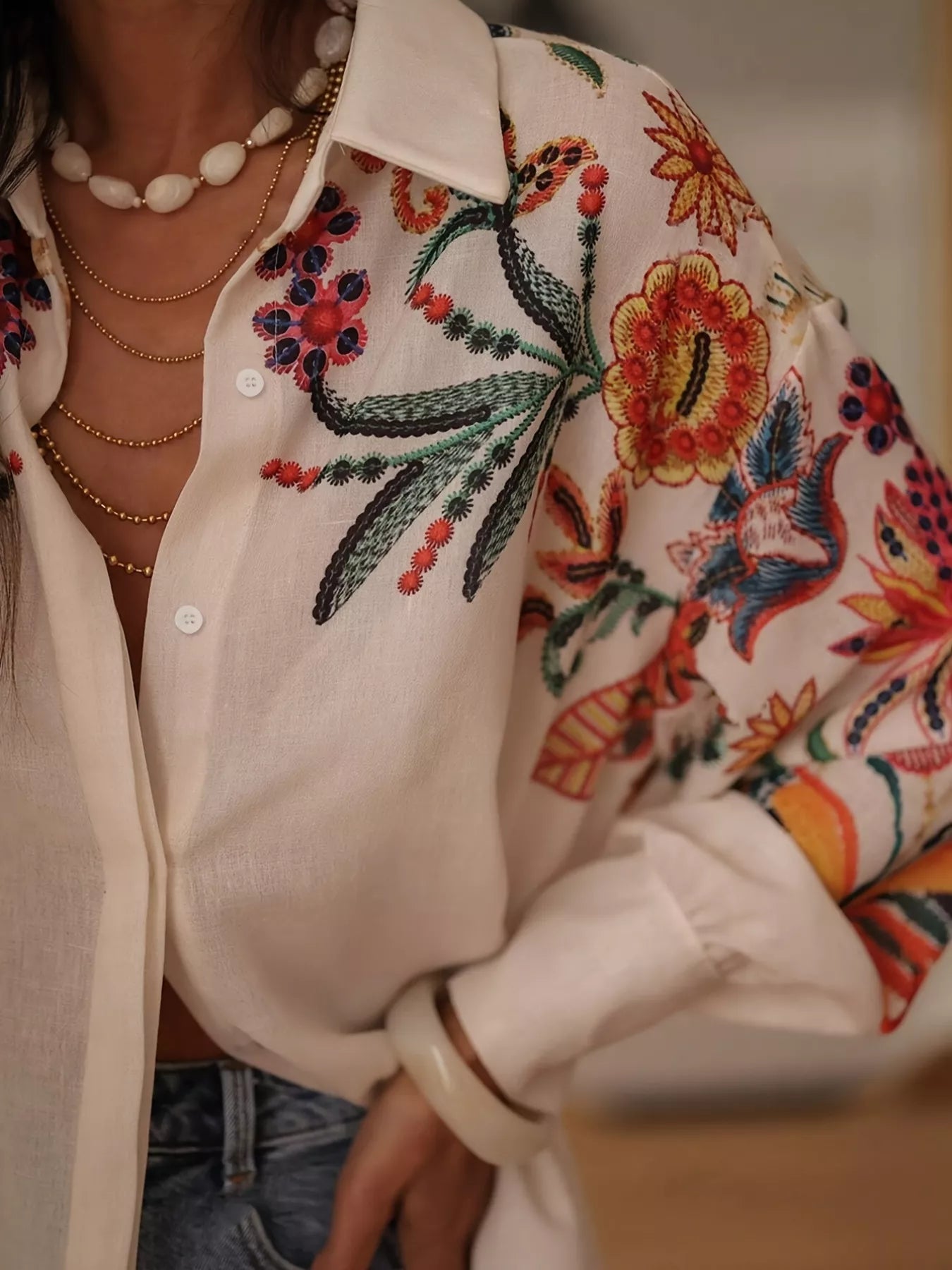 Embroidered Floral Button Up Long Sleeve Shirt Bazaare Mart Floral Button Up Long Sleeve Shirt