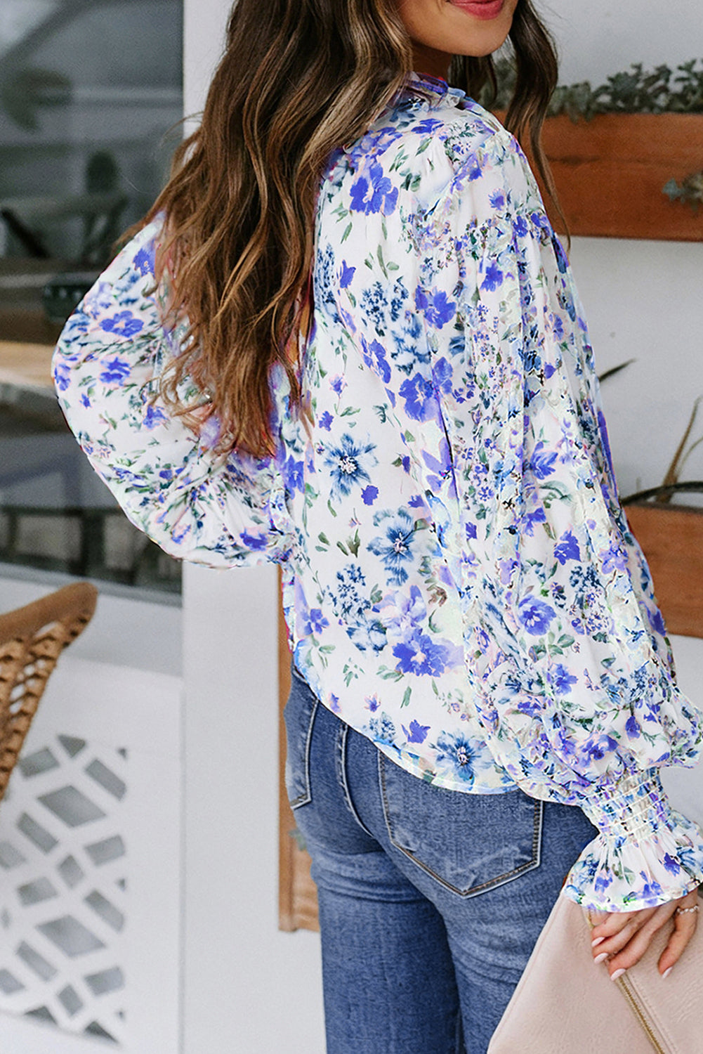 Floral V-Neck Blouse with Long Balloon Sleeves