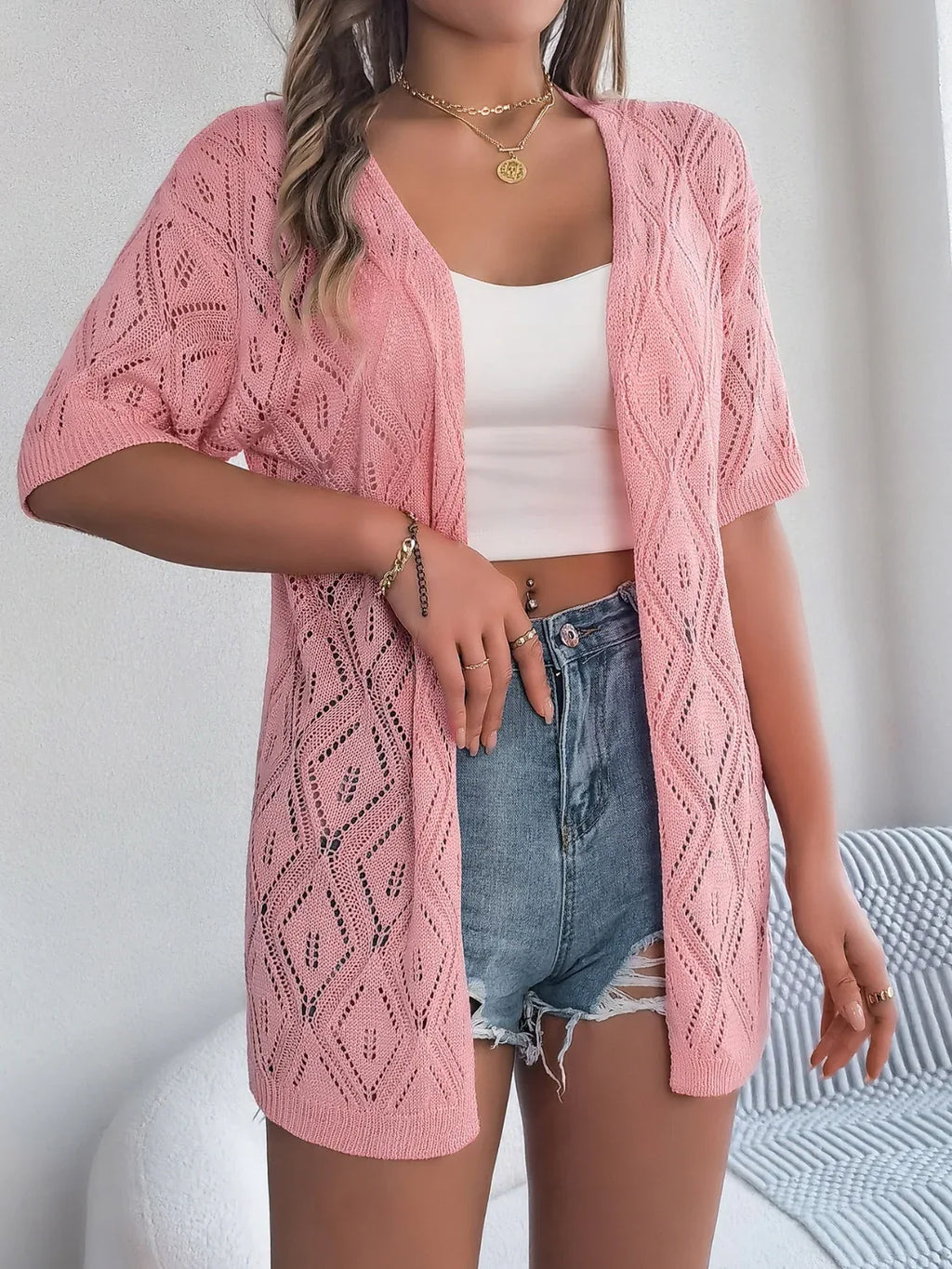 Openwork Open Front Half Sleeve Cardigan Trendsi Openwork Open Front Half Sleeve Cardigan
