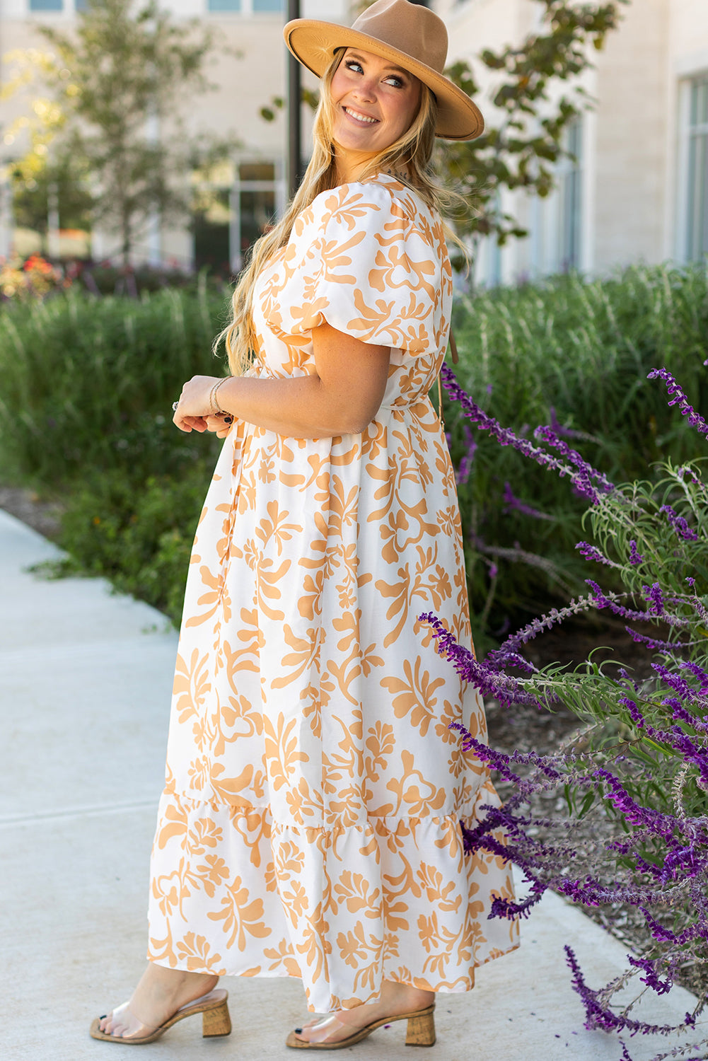 Apricot Floral Puff Short Sleeve Plus Size Maxi Dress