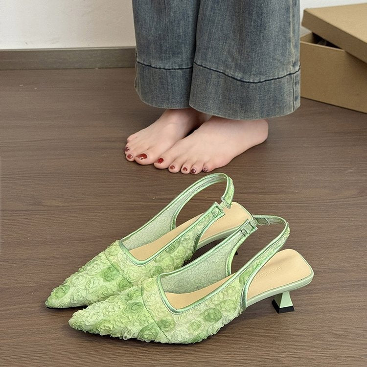 Women's French Style Lace Flower Closed Toe Sandals 2025 Summer New Pointed Toe Backless Slim High Heel Mule Sandals Green CJ Dropshipping Lace Flower Pointed Toe Sling Heels