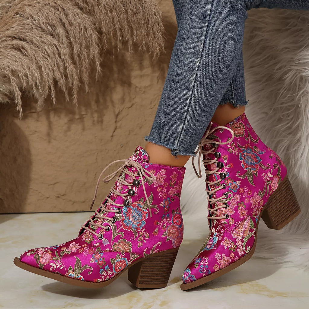 Floral Pointed Toe Block Heel Booties Bazaare Mart Booties