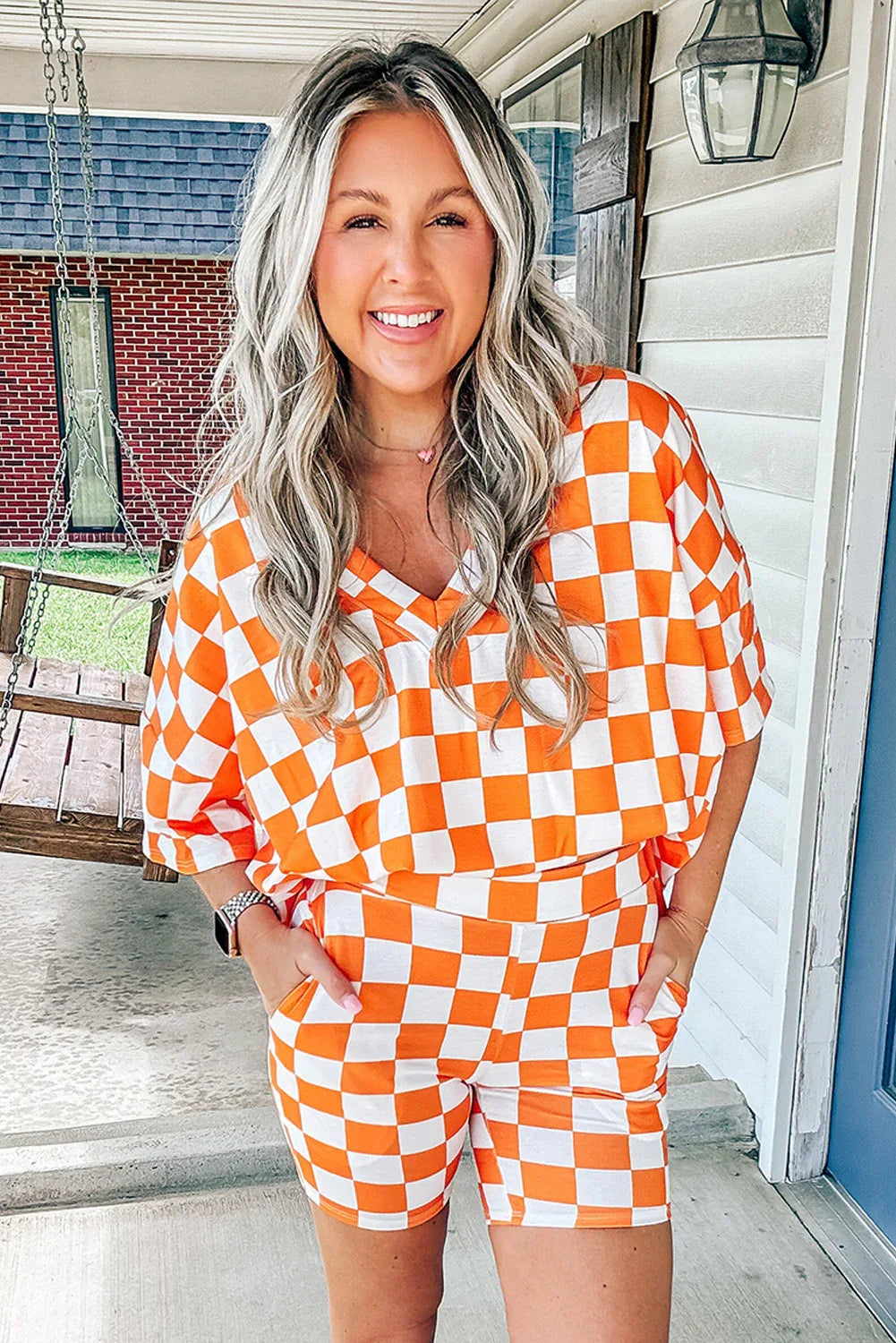 Orange Checkerboard Print V Neck Loose Tee and Shorts Lounge Set Dear-Lover Dropshipping Loungewear & Sleepwear/Loungewear