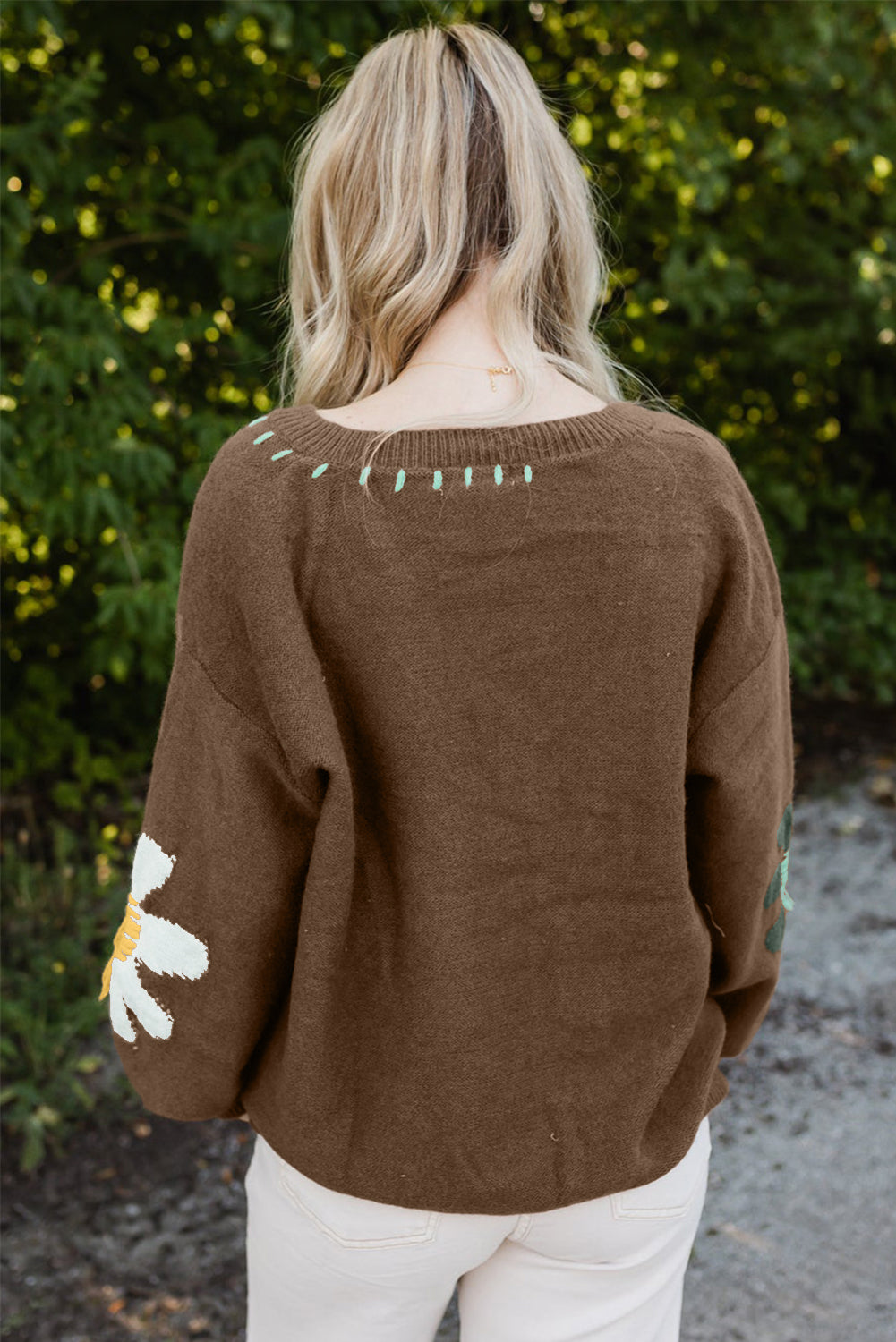 Coffee Big Flower V Neck Drop Shoulder Distressed Sweater