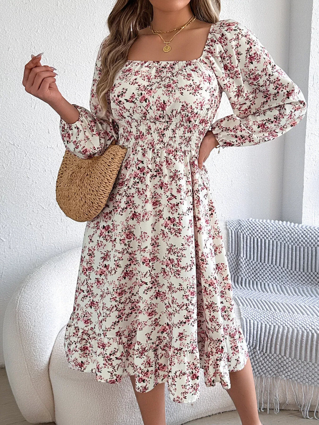 Floral Long Sleeve Square Neck Midi Dress Bazaare Mart Long Sleeve Floral Peasant Dress