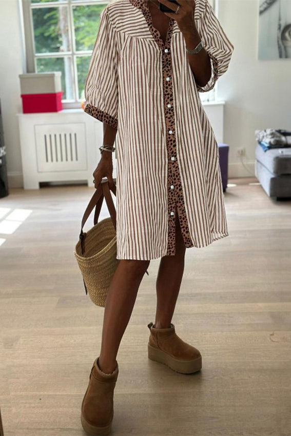 Khaki Stripe Leopard Trim Shirt Dress Bazaare Mart Dresses/Mini Dresses