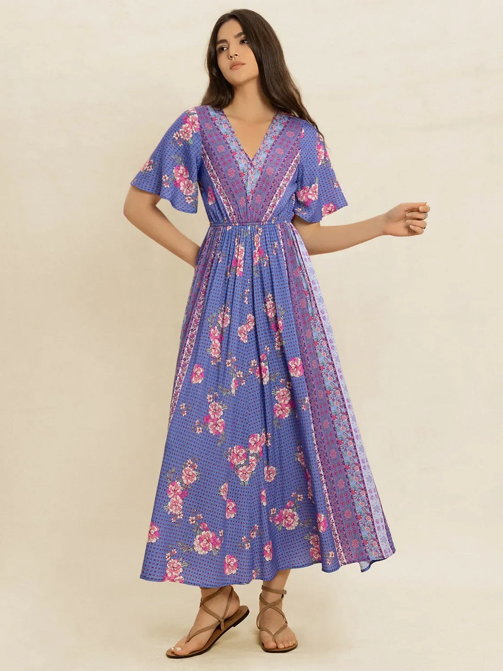 Printed Short Sleeve Midi Dress Bazarre Mart Purple Boho Midi Dress
