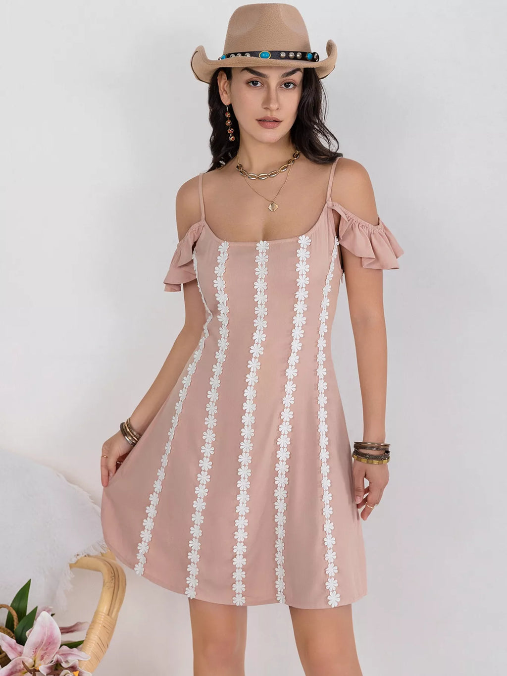 Pale Pink Stripe Floral Lace Cold Shoulder A-Line Dress Bazaare Mart Floral Lace Trim Cold Shoulder A-Line Dress