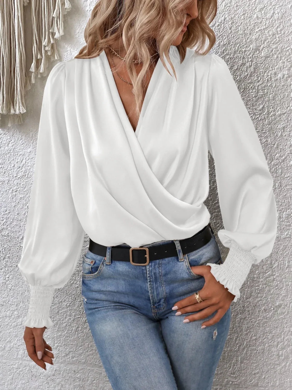Surplice Smocked Lantern Sleeve Blouse Bazaare Mart Surplice Smocked Lantern Sleeve Blouse