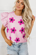 Pink Pinstripe Floral Print Ruffled Flutter Sleeve Blouse Pink 100%Polyester Dear-Lover Dropshipping Tops/Blouses & Shirts