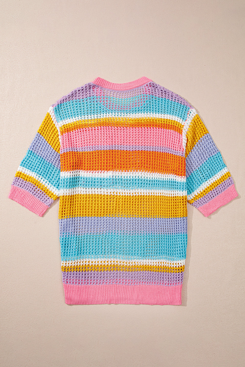 Pastel Stripe Open Knit Patch Pocket Half Sleeve Sweater