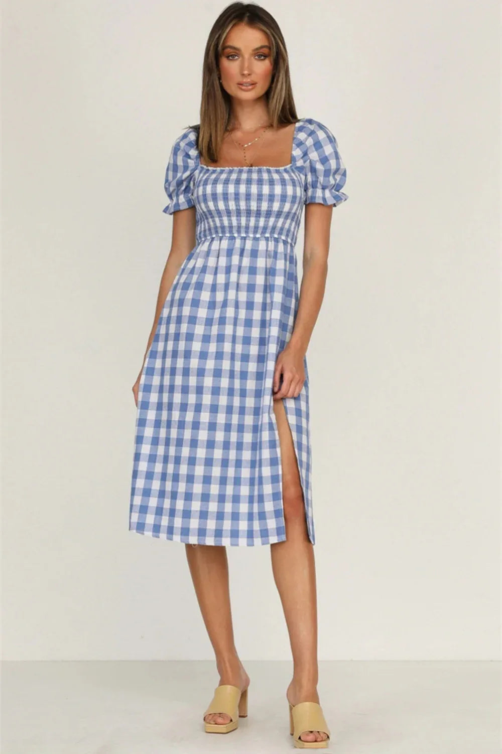 Plaid Short Sleeve Midi Dress Trendsi Plaid Short Sleeve Midi Dress