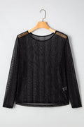 Black Plus Size Mesh Long Sleeve Top Black 91%Polyamide+6%Metallized fibres+3%Elastane Dear-Lover Dropshipping Plus Size/Plus Size Tops/Plus Size Long Sleeve Tops
