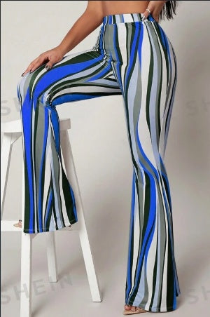 Tri-Color Vertical Striped High Waist Flared Pants Blue CJ Dropshipping Striped Flare Pants
