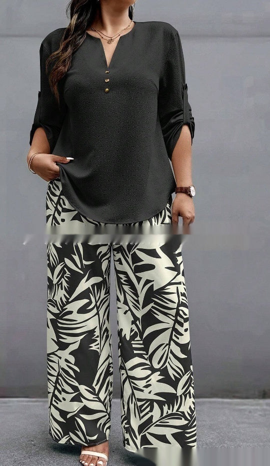 Ladies V-neck Shirt with Tropical Printed Pants 3 Style CJ Dropshipping Tropical Pants Set