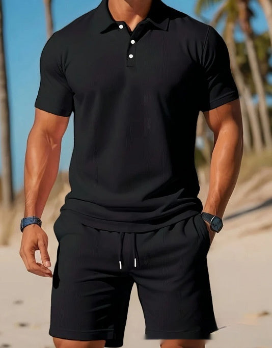 Black Polo Shirt And Matching Drawstring Shorts Set