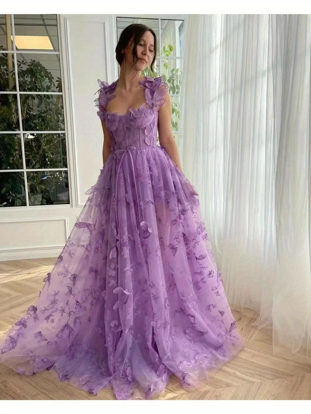 Elegant Long Sheer Flowy Floral & Butterfly Lace Gown