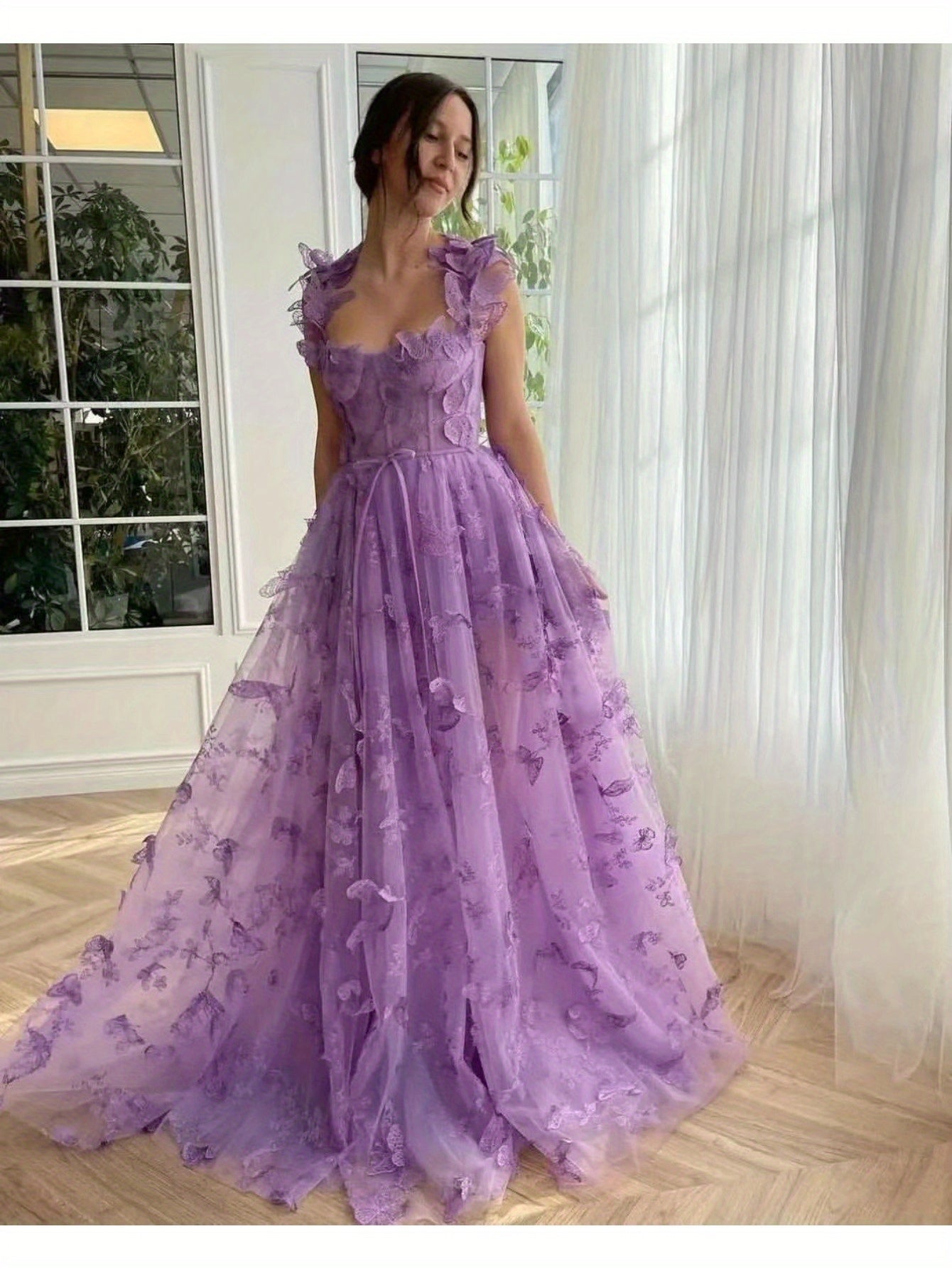 Elegant Long Sheer Flowy Floral & Butterfly Lace Gown