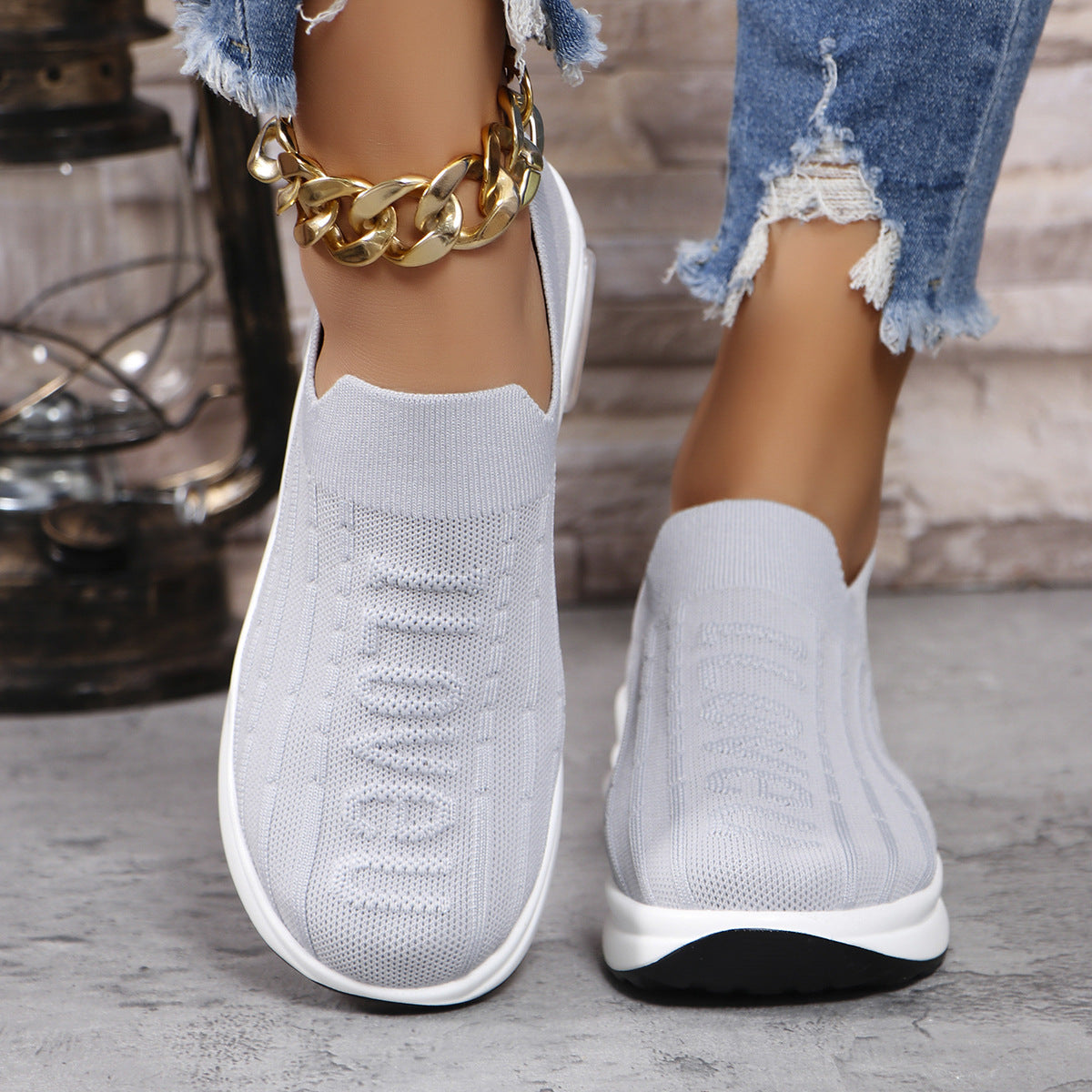 Grey Round Toe Knit Detail Slip On Shoe