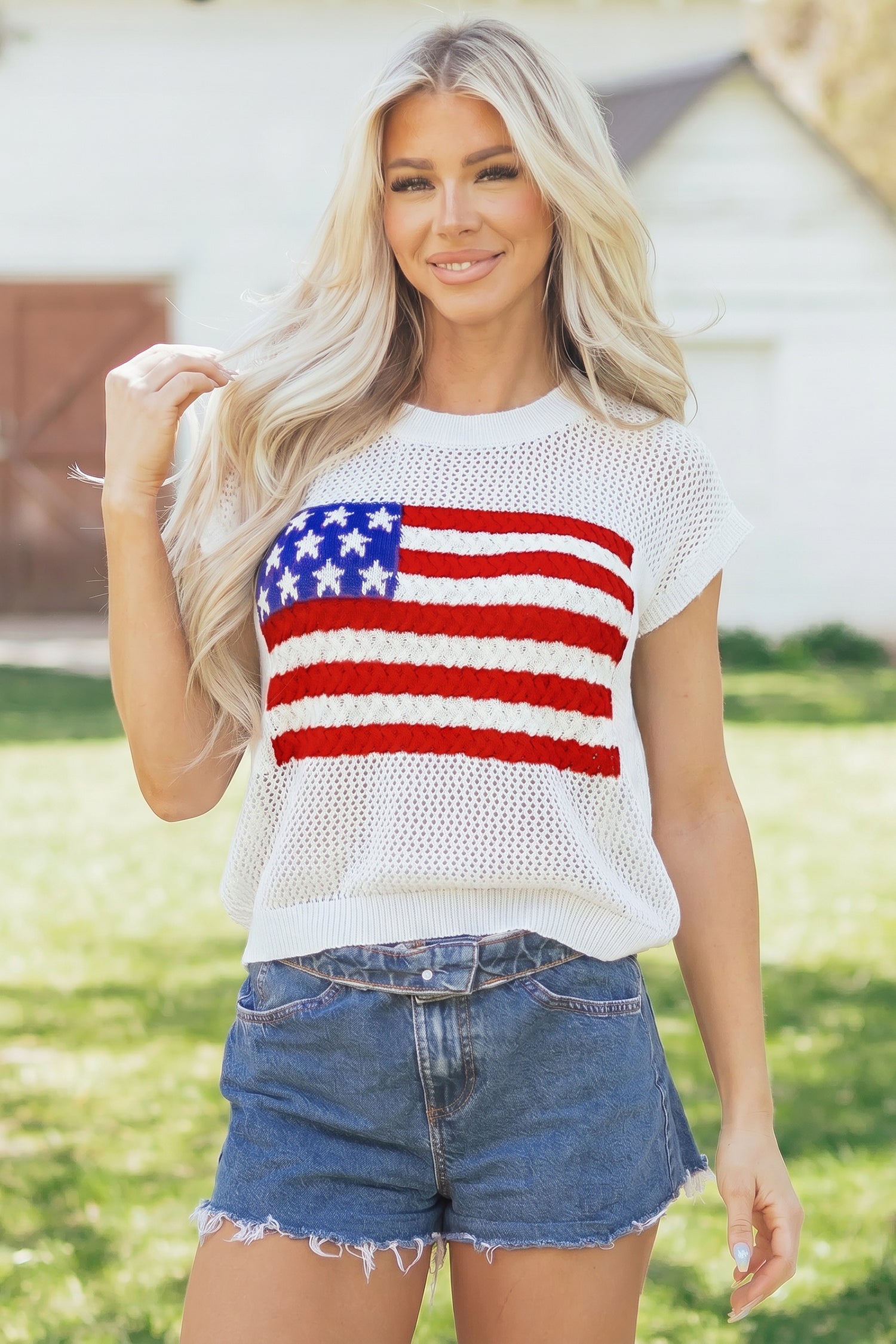 Fiery Red Flag Graphic Short Sleeve Sweater Top Dear-Lover Dropshipping Sweaters & Cardigans/Short Sleeve Sweaters