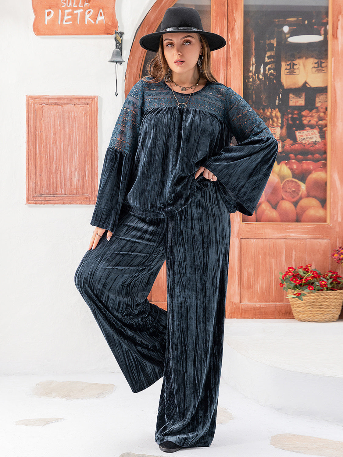 Slate Blue Velvet & Lace Flare Sleeve Pants Set