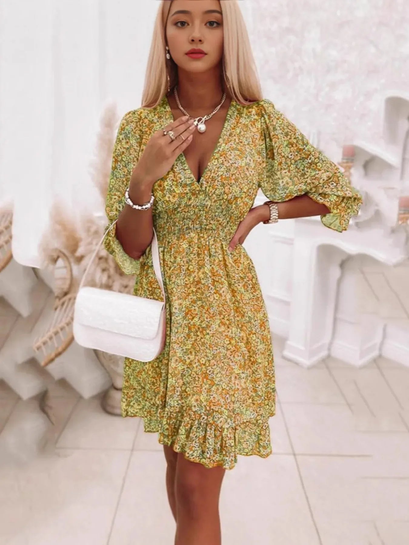 V-Neck Ruffled Hem 3/4 Sleeve Floral Dress Bazaare Mart Ruffled Hem Floral Dress Plus Size