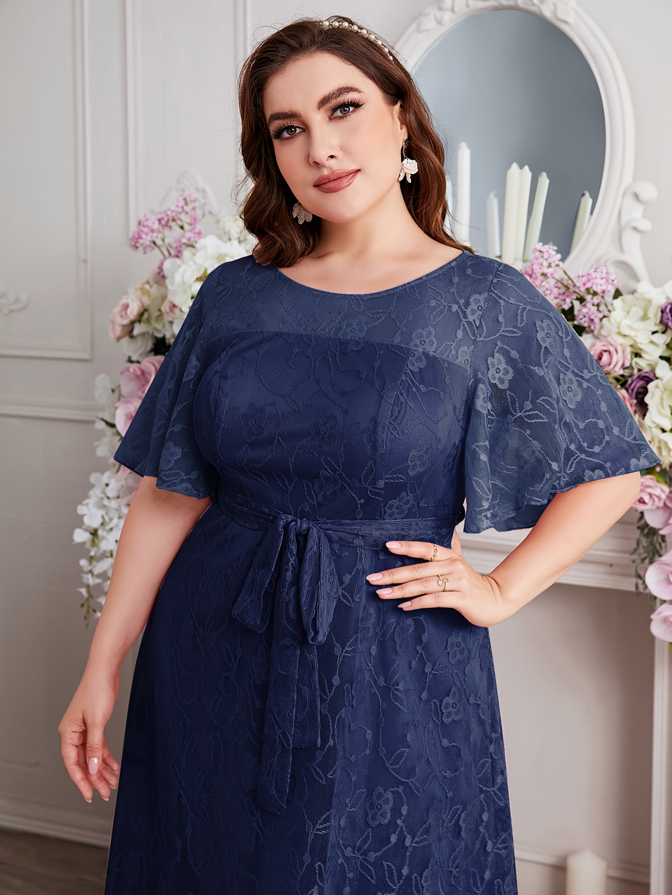 Elegant High Waist Lace Round Neck Half Flutter Sleeve Solid Color Formal Floor Length Dress