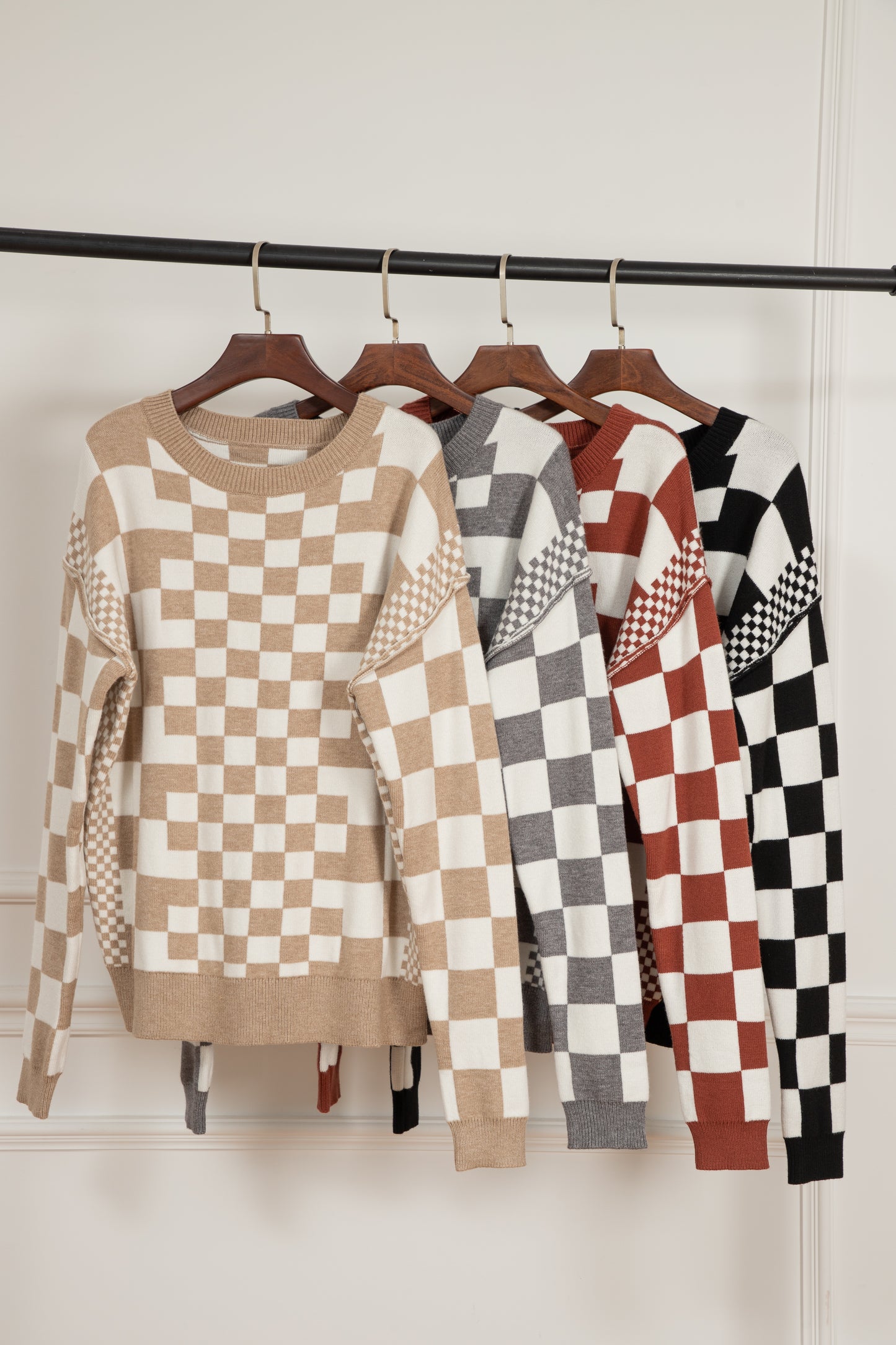 Brown Checkered Drop Shoulder Round Neck Sweater