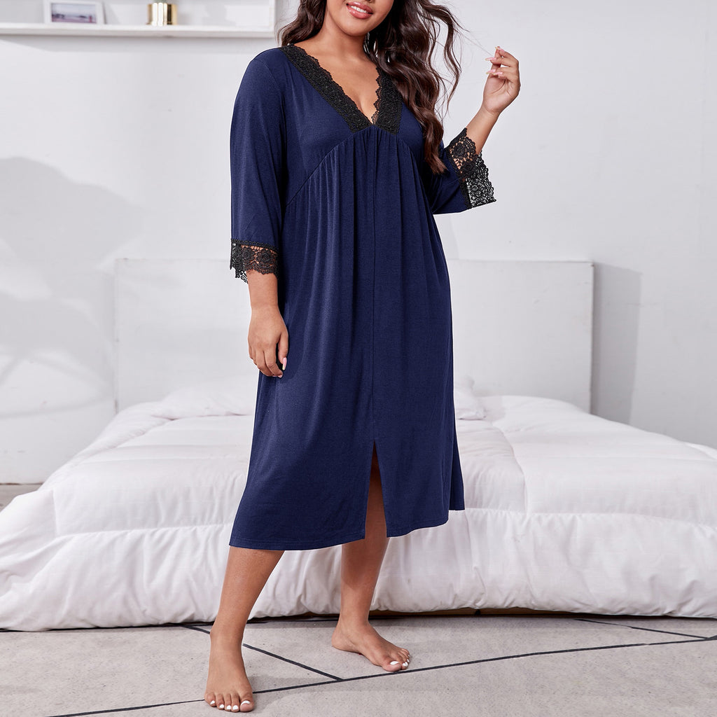Plus Size Navy Three-quarter Sleeve Lace Nightgown Navy Blue CJ Dropshipping Navy Night Gown