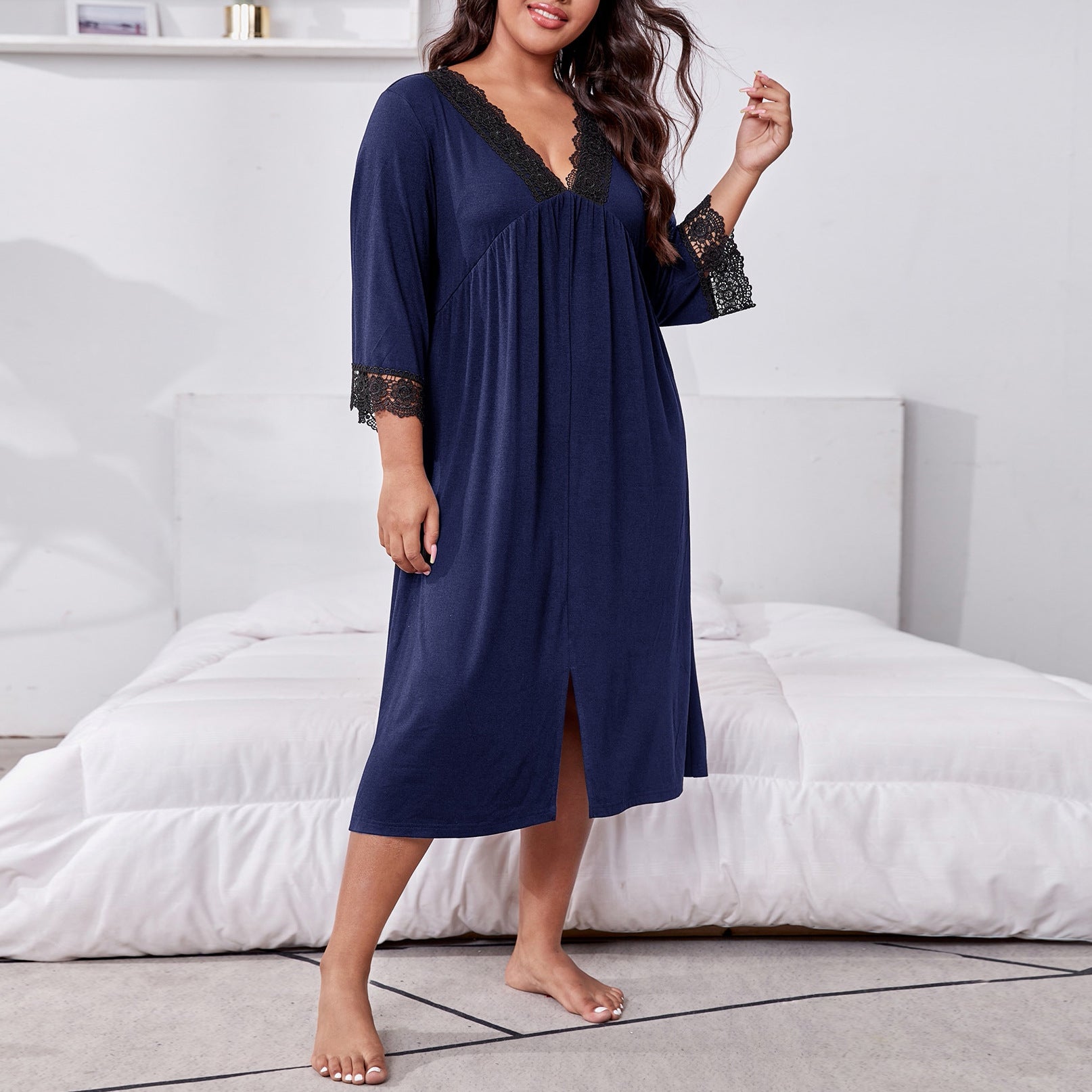 Plus Size Navy Three-quarter Sleeve Lace Nightgown Navy Blue CJ Dropshipping Navy Night Gown