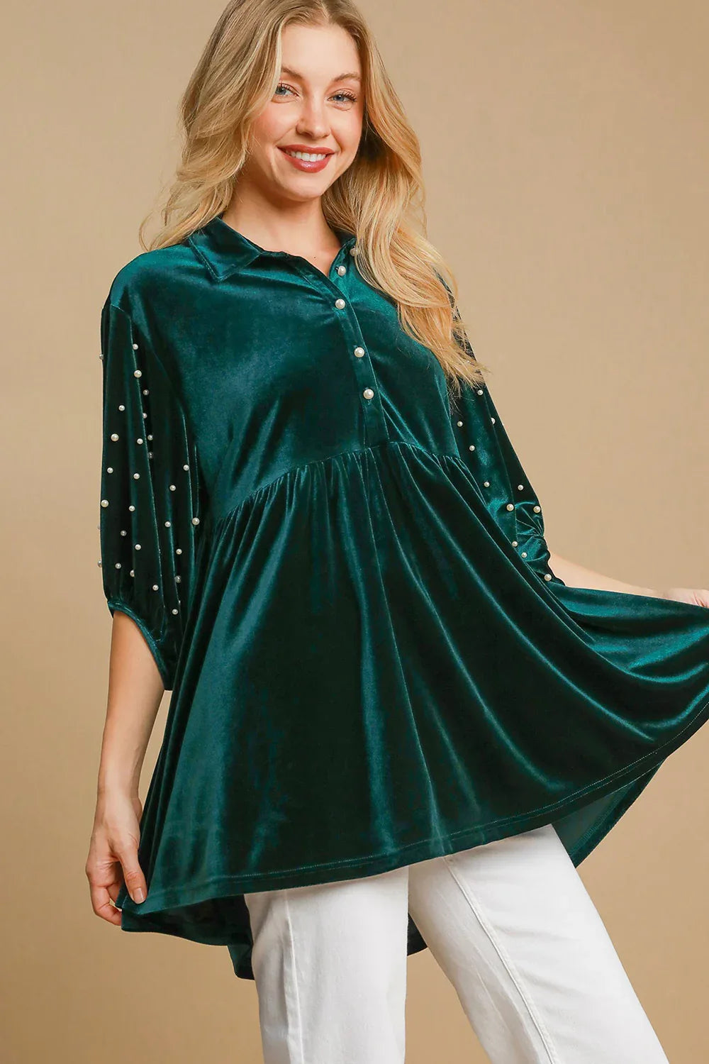 Umgee Pearl Detail Half Sleeve Green Velvet Blouse Hunter Green Bazarre Mart Pearl Detail Half Sleeve Velvet Blouse