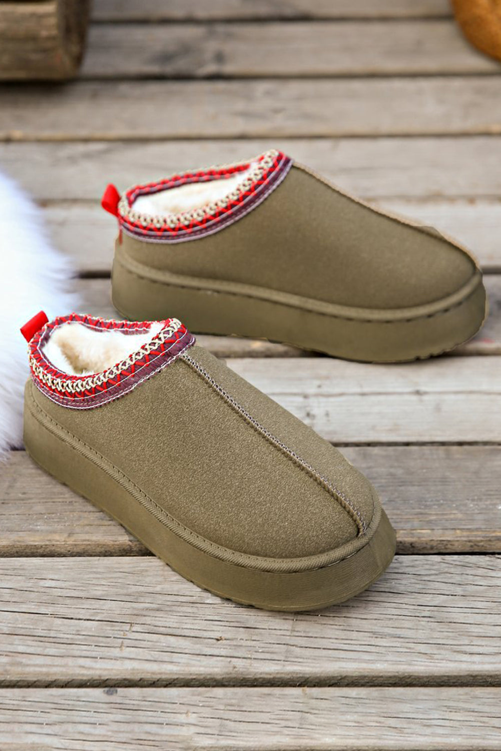 Suede Fur Trim Thick Flat Slippers