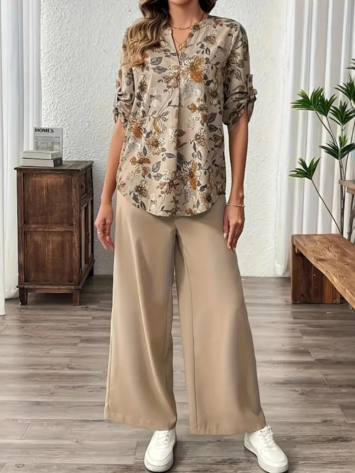 Apricot Floral Print Pants Set Bazaare Mart Printed Notched Long Sleeve Top and Pants