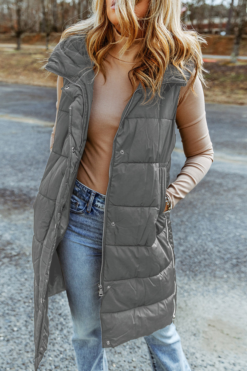 Black Hooded Long Quilted Vest Coat