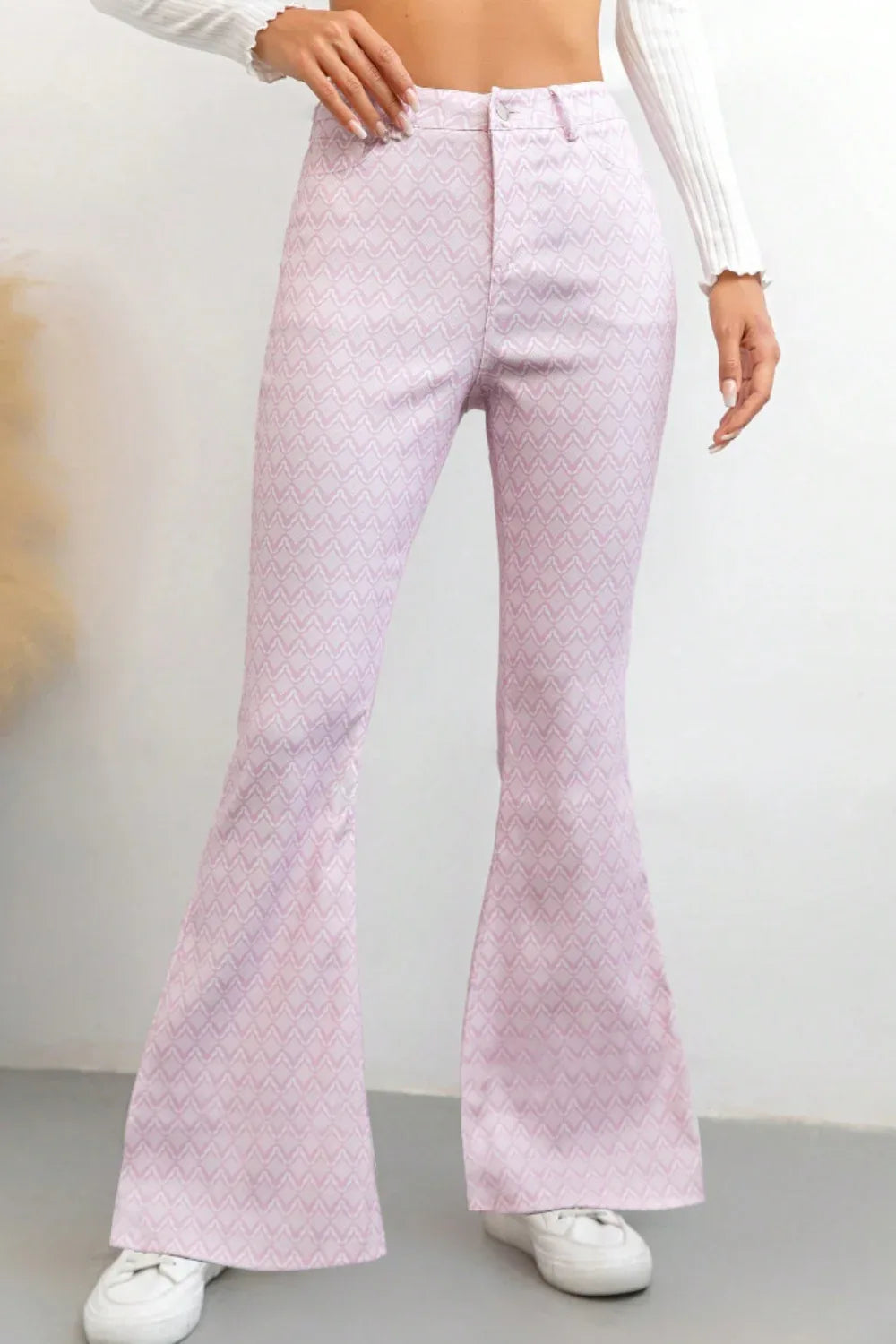 Printed High Waist Flare Pants with Pockets Pink Purple Trendsi Printed High Waist Flare Pants with Pockets