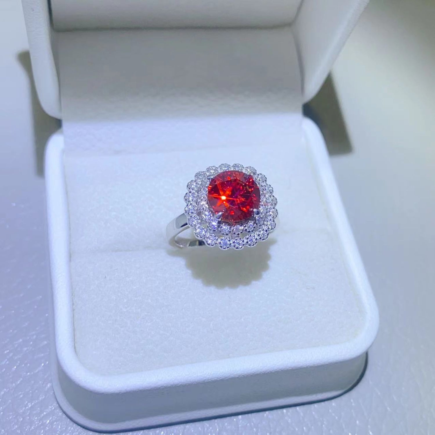 Round Red Moissanite 925 Sterling Silver Ring