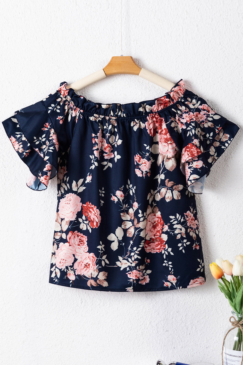 Navy Off Shoulder Flounce Sleeve Floral Blouse