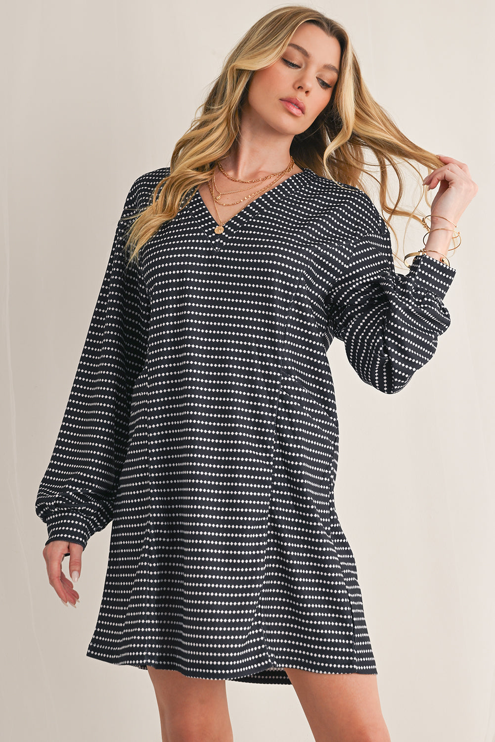 B&W Striped V-Neck Long Sleeve Dress