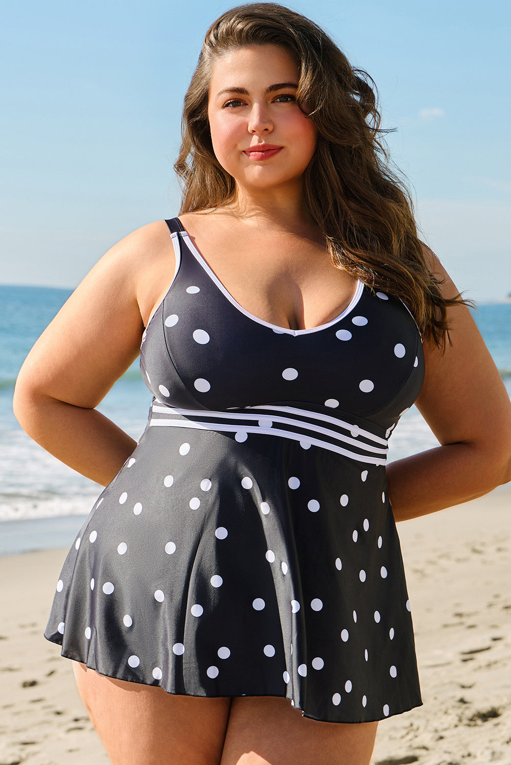 Black Polka Dot  V-Neck Swim Dress