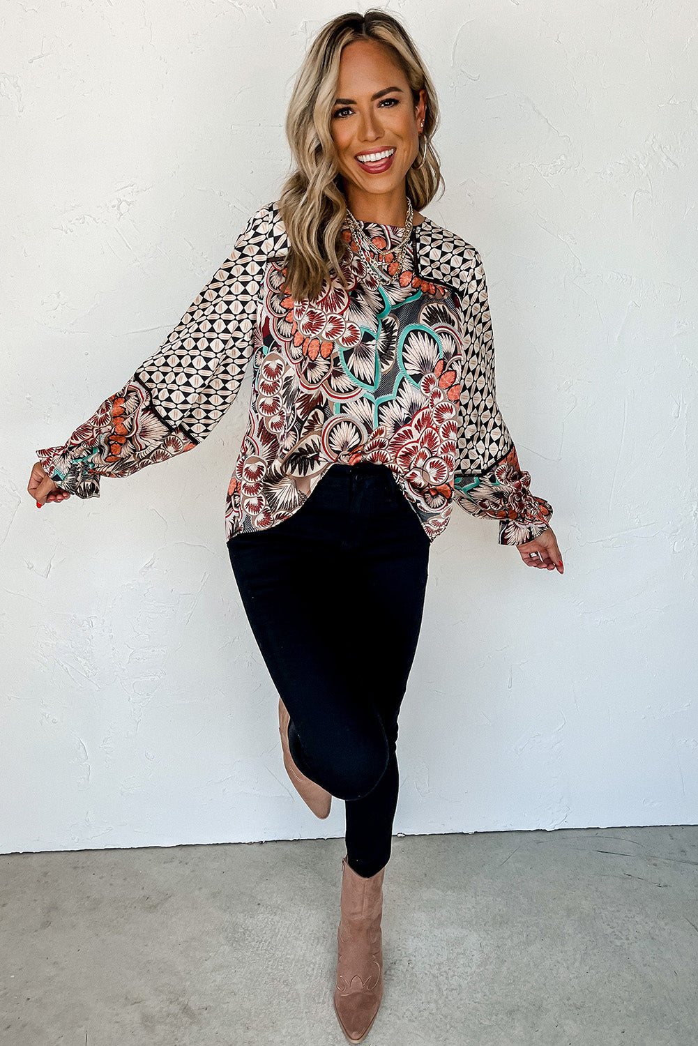 Mixed Print Long Sleeve Blouse