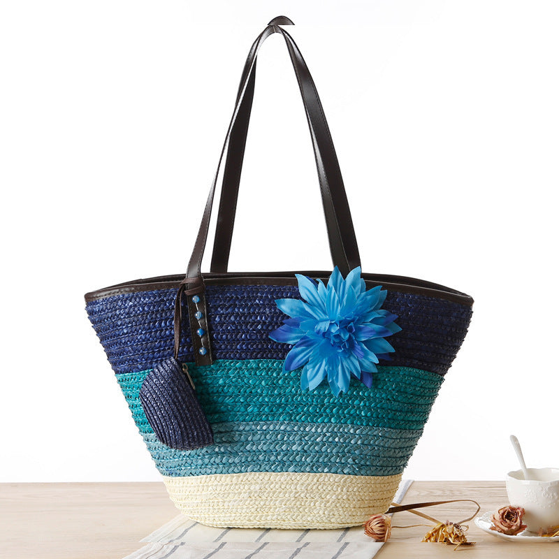 Blue Striped Straw Beach Bag