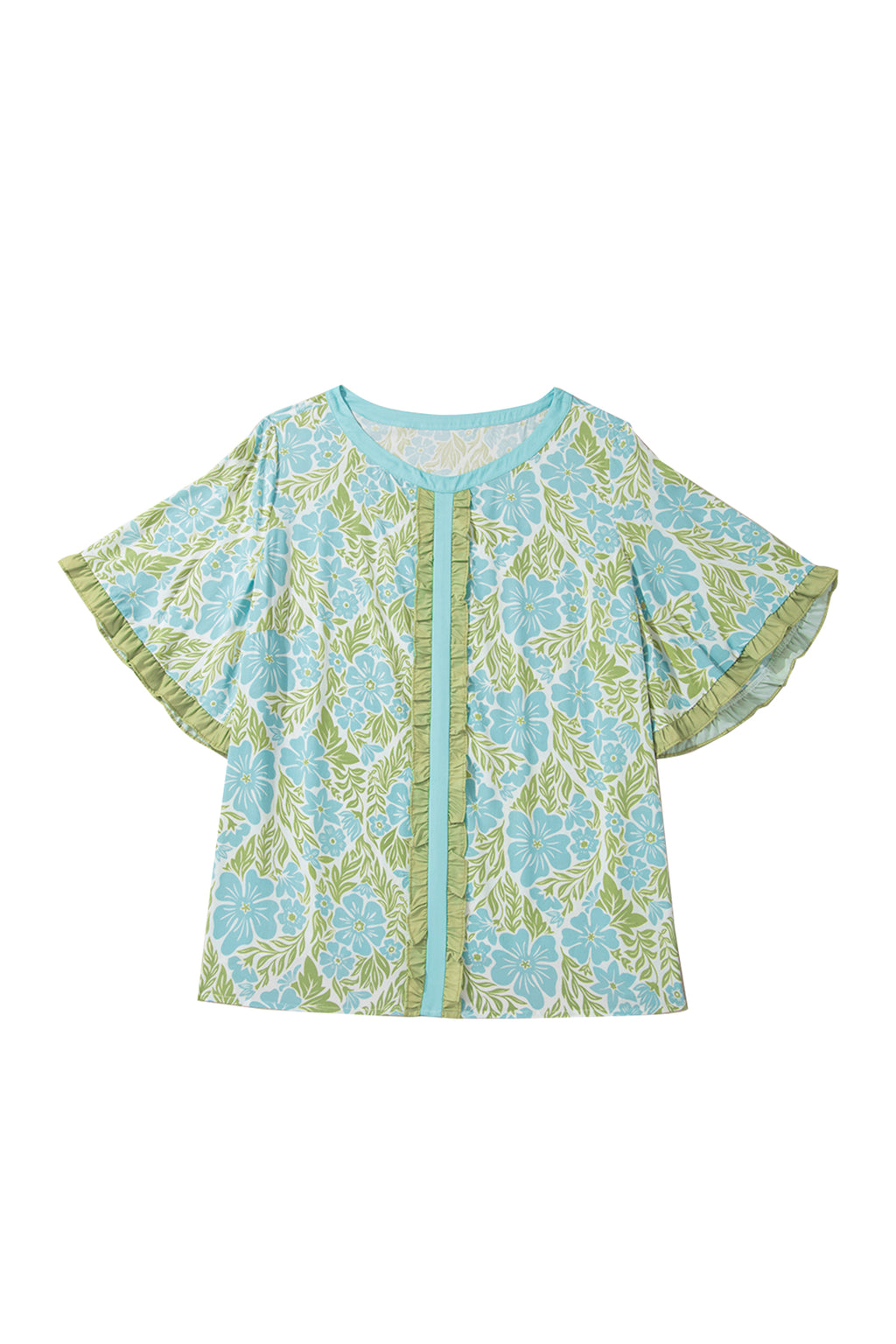 Plus Size Floral Blouse – Sky Blue Frilled Sleeve Color Block Trim Top Dear-Lover Dropshipping Plus Size/Plus Size Tops/Plus Size Blouses & Shirts