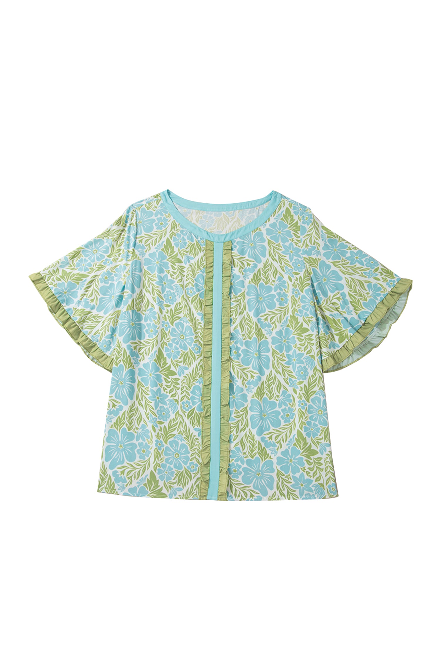 Plus Size Floral Blouse – Sky Blue Frilled Sleeve Color Block Trim Top Dear-Lover Dropshipping Plus Size/Plus Size Tops/Plus Size Blouses & Shirts