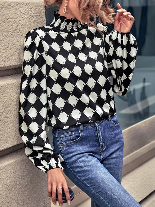 Checkered Pattern Balloon Sleeve Mock Neck Blouse Bazarre Mart Checkered Pattern Balloon Sleeve Blouse