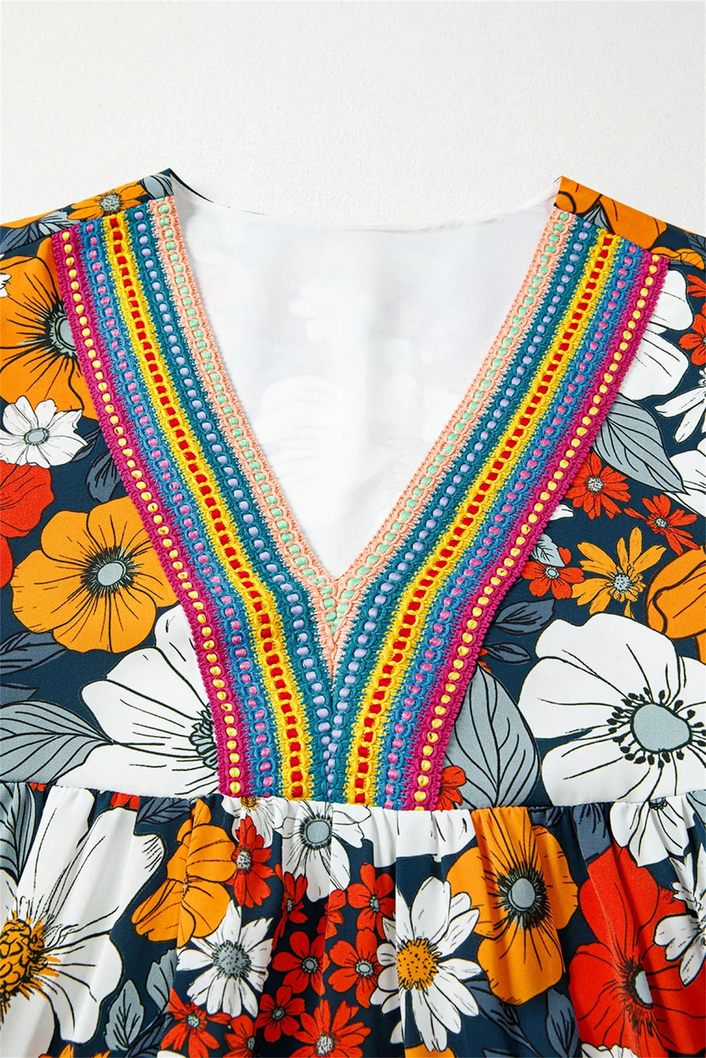 Orange Floral Boho Striped V Neck Long Sleeve Dress